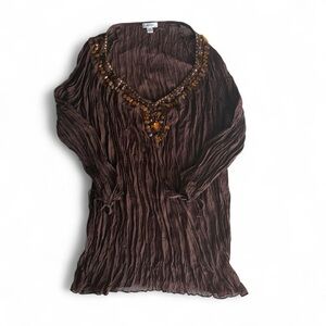Jaipur Brown Crinkled Blouse with Beaded Neckline